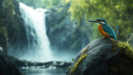 A colorful kingfisher perched on a rock by a serene waterfall amidst lush greenery, creating a tranquil scene enhanced by butterflies fluttering around.の素材
