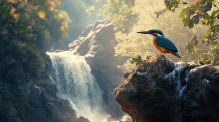 A vibrant kingfisher perched on a rock near a cascading waterfall, surrounded by lush greenery and soft sunlight, embodying nature's tranquility.の素材