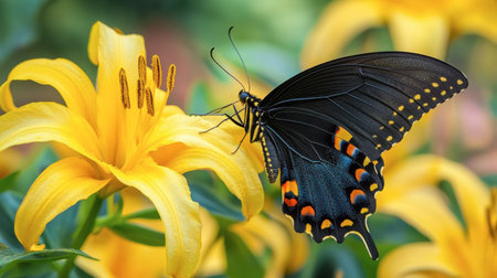 A stunning butterfly perched on a bright yellow lily flower, showcasing the beauty of nature. Ideal for themes of summer, wildlife, and outdoor serenity.の素材