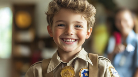 A joyful young boy wearing a uniform and a badge smiles brightly in an indoor setting, capturing the essence of childhood happiness and adventure.の素材