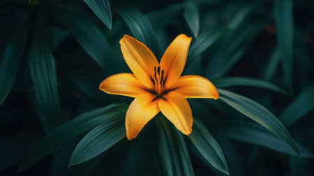 A stunning yellow lily showcases its beauty among lush green leaves, capturing the essence of natureの素材