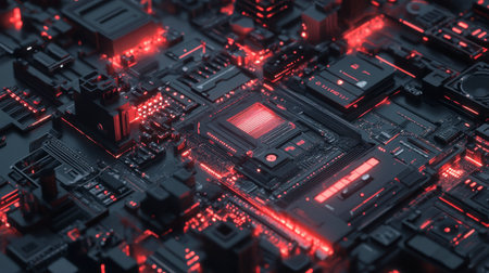 Detailed view of a futuristic circuit board featuring glowing red elements. Perfect for themes of technology, innovation, and digital systems.の素材
