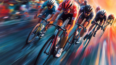 Experience the thrill of a dynamic bicycle race with cyclists pushing their limits. This vibrant outdoor scene captures the energy and intensity of competitive cycling.の素材