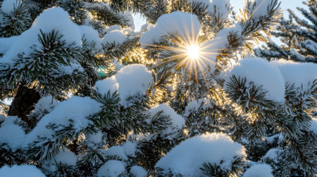 A captivating winter scene featuring snow-laden pine branches glistening with warm sunlight. Perfect for showcasing the beauty of nature in winter.の素材