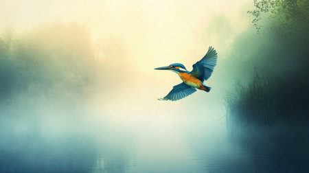A stunning bird in flight over a misty river at dawn, showcasing vibrant colors and serene nature. Perfect for themes of tranquility and wildlife.の素材