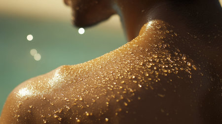 A close-up view of glowing skin adorned with water droplets, capturing the essence of freshness and vitality in a serene and relaxing setting. Perfect for wellness and beauty themes.の素材