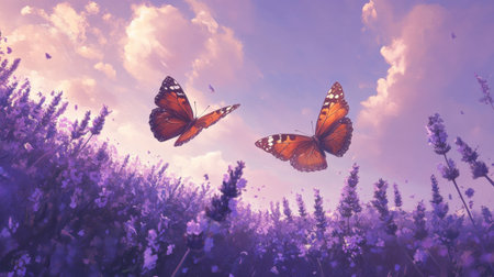 Two butterflies flutter gracefully over a field of lavender under a colorful sky, creating a serene and vibrant scene filled with nature's beauty.の素材