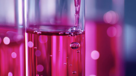 A close-up view of pink liquid in glass test tubes, creating an abstract and colorful image. The bubbles and light reflections add a vibrant, scientific feel.の素材
