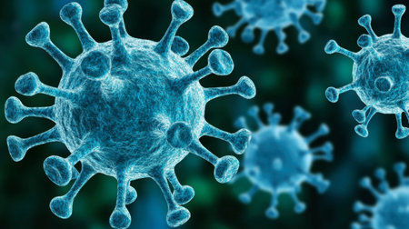 Abstract illustration of blue microorganisms indicating virus cells. This visual representation highlights the significance of viruses in health and research contexts.の素材