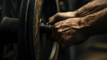 Close-up of hands making an adjustment to a heavy gear in a workshop environment, highlighting the manual effort and skill involved in machinery repair.の素材
