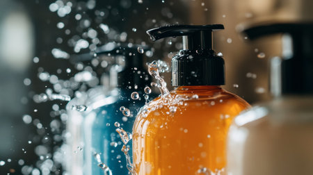 This image showcases vibrant bottles of liquid with a stunning water splash effect, highlighting freshness and cleanliness for beauty or hygiene products.の素材