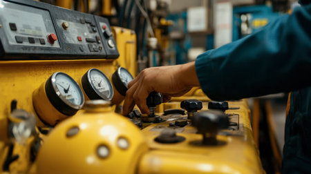 A close-up of a hand adjusting the control panel of industrial machinery, showcasing gauges and buttons in a vibrant yellow environment.の素材