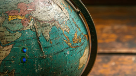 A close-up view of a vintage globe highlighting the Asia and Pacific regions, showcasing intricate details and a rustic finish, perfect for educational content.の素材