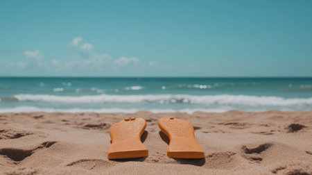 A serene beach scene featuring orange flip flops resting in soft sand, evoking feelings of relaxation and summer vacations by the ocean.の素材