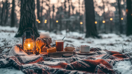 Enjoy a cozy winter picnic in a snowy forest, featuring warm drinks, festive lights, and a rustic setup. Perfect for relaxation and escape.の素材