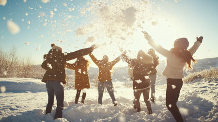A lively winter scene capturing a group of friends joyfully playing in the snow, surrounded by nature and bright sunlight, embodying a carefree spirit of friendship and fun.の素材