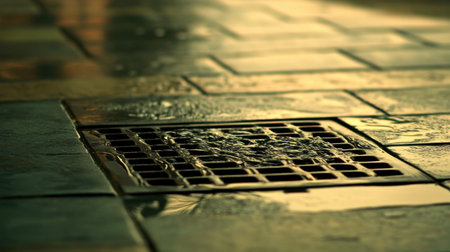 A close-up view of water flowing through a metal grate on a wet pavement. The image captures the reflective surface and urban environment, emphasizing the interplay of light and texture.の素材