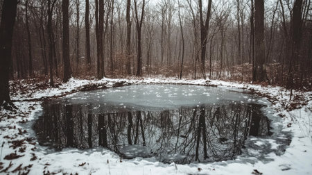 A serene frozen pond lies amidst a quiet winter forest, reflecting the surrounding trees. Snow covers the ground, creating a peaceful winter scene.の素材