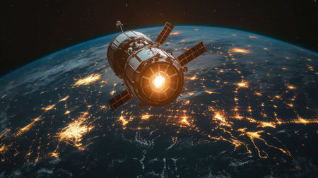 A futuristic satellite orbits Earth, illuminating cityscapes below. This image reflects advances in technology and global communication in a nighttime view.の素材