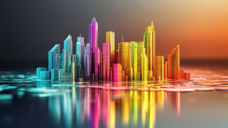 This vibrant cityscape features a reflection of colorful buildings at sunset, creating a stunning visual effect. It captures urban beauty and creativity.の素材