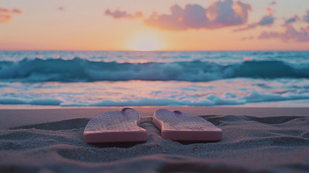 A serene beach scene featuring flip flops resting in soft sand at sunset. The vibrant colors illuminate the waves and create a tranquil atmosphere, perfect for relaxed escapes.の素材