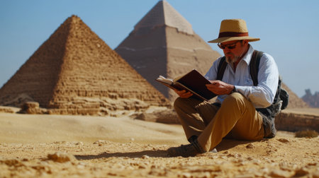 A traveler sits in the sandy desert, reading a book near the majestic Pyramids of Giza. The scene captures a blend of adventure and historical wonder.の素材