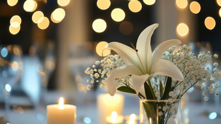 A stunning floral arrangement featuring a white lily and delicate accents, set against a soft, glowing background. Perfect for romantic events and celebrations.の素材