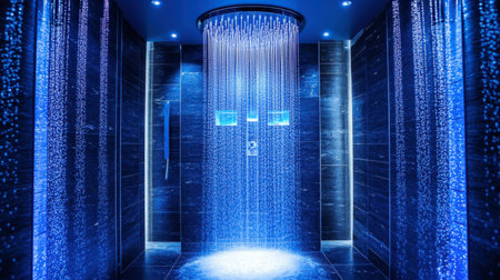 Experience the serene atmosphere of a modern shower featuring a stunning illuminated waterfall effect, perfect for relaxation and rejuvenation.の素材