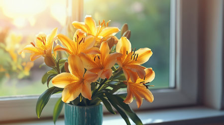 A beautiful arrangement of vibrant yellow lilies in a turquoise vase, illuminated by soft sunlight streaming through a window, creating a serene atmosphere.の素材