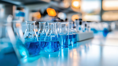 A collection of laboratory glassware filled with blue liquids, set in a modern research facility. The soft focus emphasizes the scientific atmosphere and vibrant colors.の素材