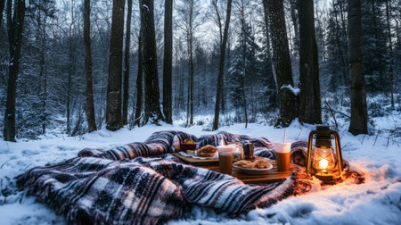 Experience a cozy winter picnic nestled in a snowy forest. This setting captures warm food, drinks, and a glowing lantern amid tranquil trees.の素材