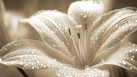 Captivating close-up of a white lily flower adorned with delicate water droplets, showcasing natural beauty and elegance in soft light. Ideal for nature themes.の素材