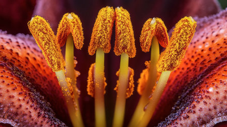 Close-up view of vibrant flower stamen, showcasing the intricate details and bright pollen grains. A stunning representation of nature's beauty.の素材