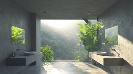 A stunning modern bathroom featuring sleek design, large mirrors, and an expansive view of nature. Natural light floods the space, enhancing a tranquil atmosphere.の素材