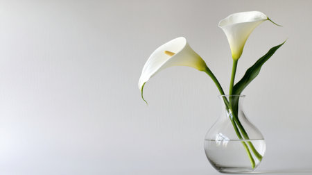 A tranquil arrangement of elegant white calla lilies in a simple glass vase filled with water, perfect for enhancing any indoor space with a touch of nature and beauty.の素材