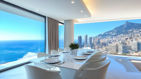 Experience a stunning modern dining room featuring a stylish table and chairs, large windows revealing breathtaking ocean and city views, perfect for gatherings.の素材