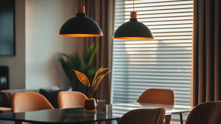 Bright modern interior featuring pendant lights and a decorative plant. Warm tones create a cozy atmosphere, ideal for relaxation and stylish living.の素材