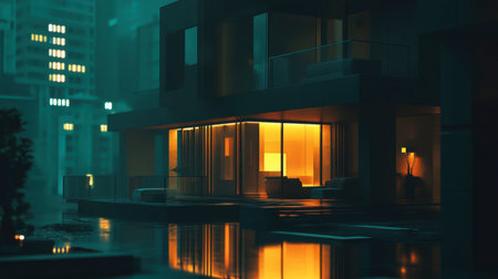 A stunning modern building at night featuring illuminated windows. The warm glow contrasts with the dark surroundings, creating a serene atmosphere.の素材