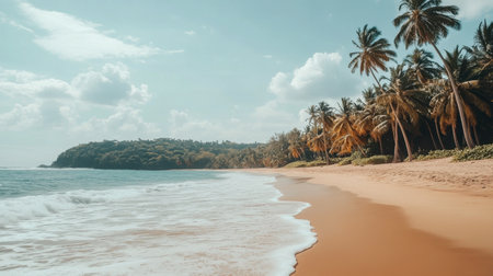 Experience the tranquility of a tropical beach with soft waves lapping at the shore. Lush palm trees and a clear sky create an idyllic getaway.の素材
