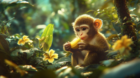 A young monkey enjoys a banana amidst vibrant jungle foliage, illustrating the beauty of wildlife in a lush environment filled with flowers and greenery.の素材