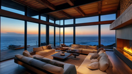 A stunning modern living room with panoramic ocean views at sunset. This stylish space features large windows, cozy furniture, and warm wooden accents, creating a serene atmosphere for relaxation.の素材