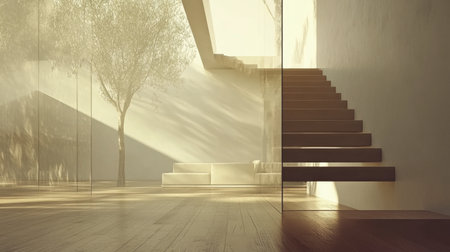 A bright and airy minimalist interior design featuring natural elements, a staircase, and an indoor tree, creating a serene and inviting atmosphere.の素材