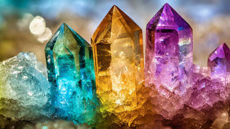 Discover the beauty of colorful crystals shining on a shimmering surface. This vibrant composition highlights the unique texture and sparkle of natural gemstones.の素材