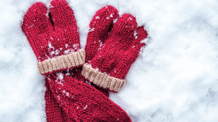 A pair of cozy red knit gloves rests on a blanket of fresh snow, evoking warmth and comfort in a winter setting. Perfect for seasonal themes.の素材