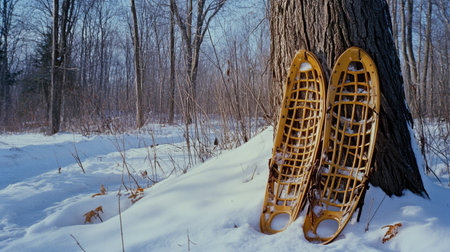 A pair of traditional snowshoes leaning against a tree in a serene winter landscape. A snowy forest setting captures the beauty of winter adventures.の素材