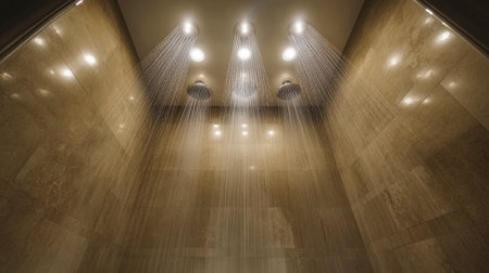 A modern shower features multiple showerheads pouring refreshing water, creating a tranquil atmosphere. Ideal for promoting relaxation and wellness in home spaces.の素材