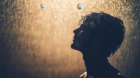 A serene silhouette of a person enjoying a gentle rain shower. The soft light creates a tranquil atmosphere, emphasizing beauty and reflection in a moment of solitude.の素材