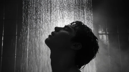 A monochrome image capturing a person's silhouette under cascading water, evoking emotions of solitude and tranquility, framed in a serene indoor setting.の素材