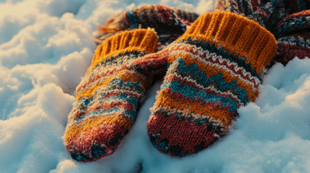 Vibrant knitted mittens resting on fresh snow, showcasing intricate designs and colors. Perfect for winter fashion and cozy outdoor activities.の素材