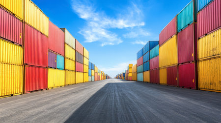 A vibrant scene showcasing colorful shipping containers lined up in a freight yard under a blue sky, highlighting the logistics and transport industry.の素材
